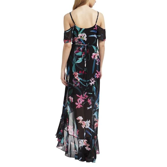 New Lipsy London Maxi Dress 6 (10 UK) Black Floral Chiffon Wrap High-Low Ruffle - Picture 2 of 16